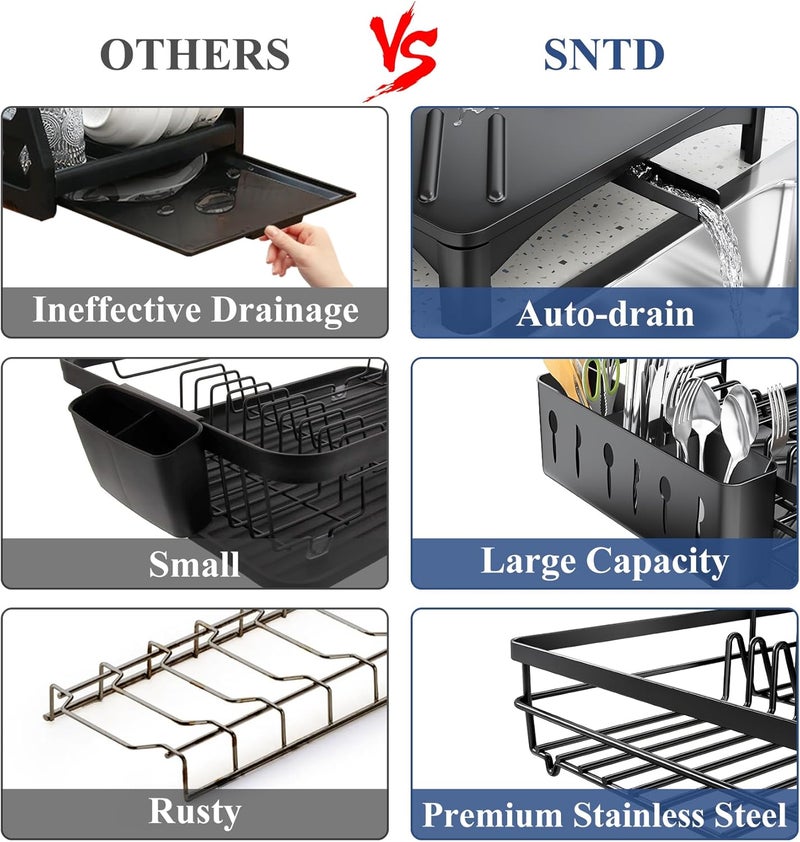 SNTD Dish Drying Rack for Kitchen Counter - Large Dish Rack with Drainboard, Rustproof Dish Drainer with Utensil Holder for Sink, Black - Image 3